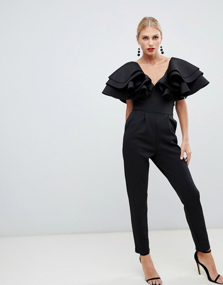 True Violet Plunge Front Jumpsuit With Shoulder Frill Detail In Black