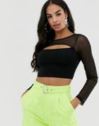Asos Design Long Sleeve Mesh Top With Cut Out Front And Clip Back