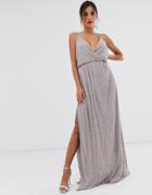 Asos Design Wrap Bodice Maxi Dress In Linear And Floral Embellishment-gray