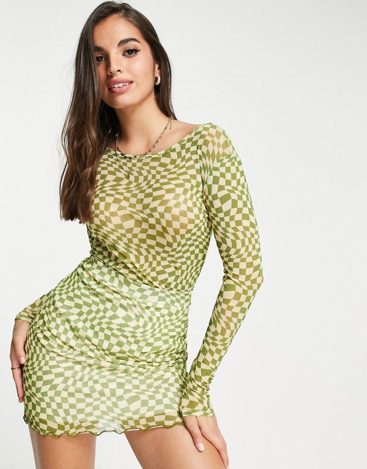 Daisy Street Long Sleeve Crop Top In Wavy Checkerboard Mesh - Part Of A Set-multi