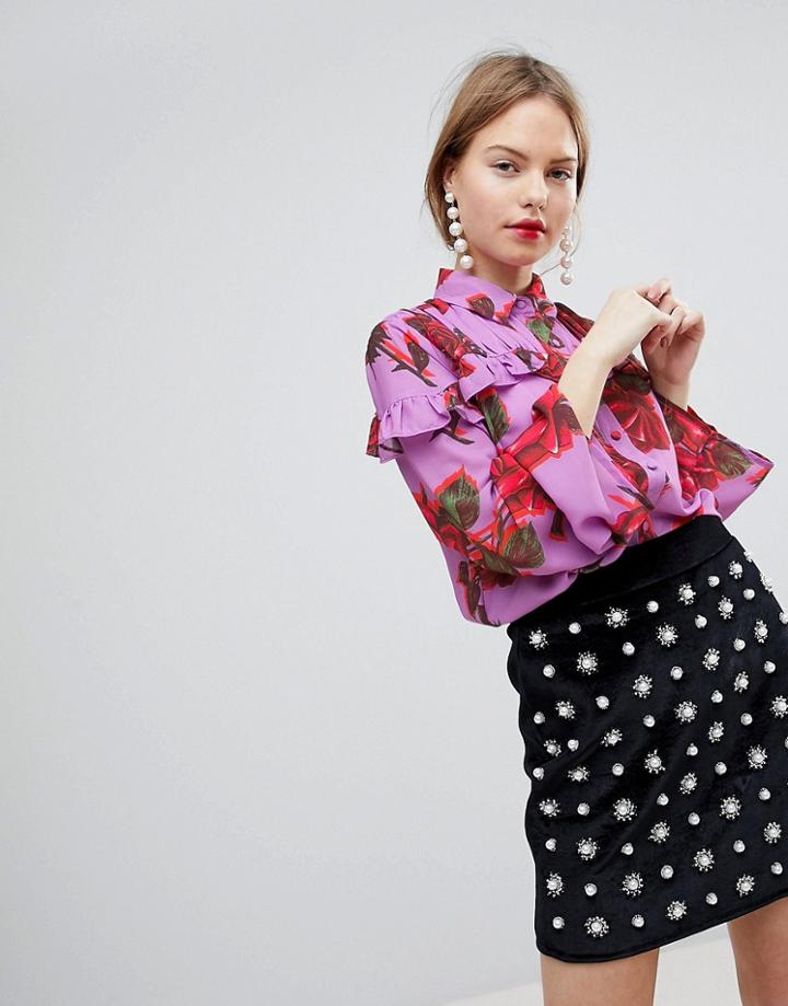 Lost Ink Blouse With Ruffle Trim In Bold Floral Print - Multi