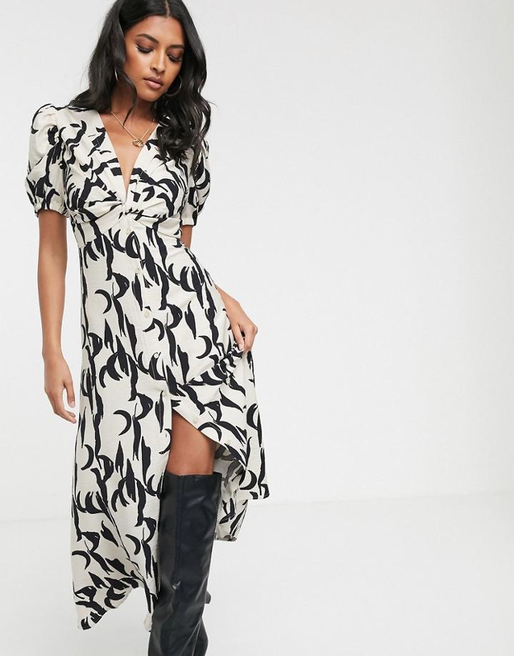 Glamorous Vintage Button Front Midi Tea Dress In Brushstroke Print