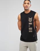 Asos Sleeveless T-shirt With Military Print And Extreme Dropped Armhole - Black