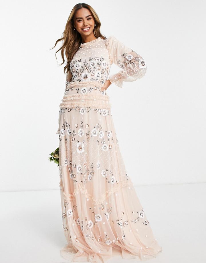 Frock And Frill All Over Embroidered Maxi Dress In Blush-pink