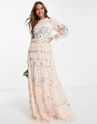 Frock And Frill All Over Embroidered Maxi Dress In Blush-pink