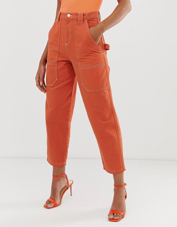 Asos Design Carpenter Boyfriend Jeans In Orange With Contrast Stitch Detail