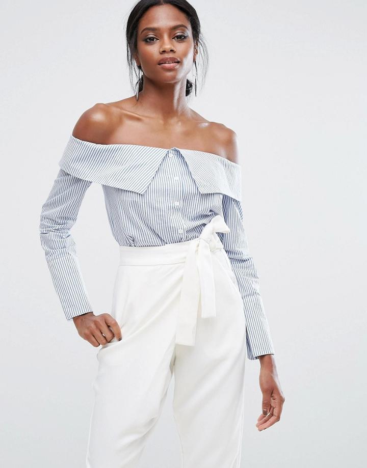 Lavish Alice Cotton Off Shoulder Shirt In Pinstripe - Multi