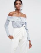 Lavish Alice Cotton Off Shoulder Shirt In Pinstripe - Multi