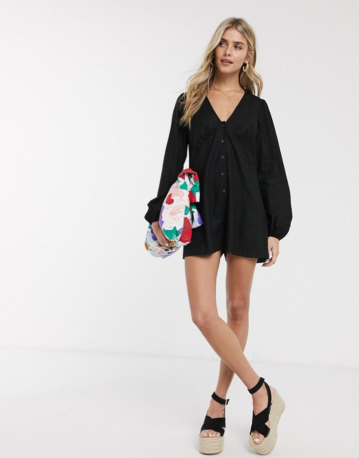 Asos Design Linen Long Sleeve Swing Tea Romper In Black
