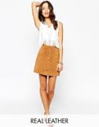 New Look Suede Popper Front Skirt - Beige
