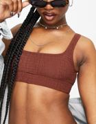 Topshop Shirred Square Neck Bikini Top In Chocolate-brown