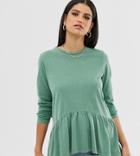 Asos Design Tall Smock Top With Long Sleeve In Wash-green