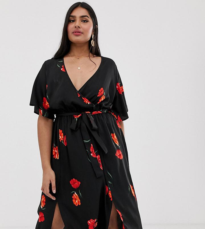 Influence Plus Wrap Floral Midi Dress With Split In Black - Black