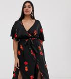 Influence Plus Wrap Floral Midi Dress With Split In Black - Black