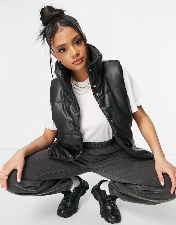 Na-kd Faux Leather Padded Vest In Black
