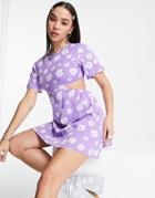 Daisy Street Mini Dress With Cut Out Sides In Cute Daisy Print-purple