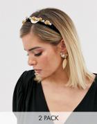Asos Design Headband With Gold Floral Embellishment And Leaf Drop Pearl Earrings In Gold Tone-multi