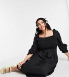 New Look Curve Long Sleeve Textured Shirred Midi Dress In Black