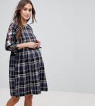 New Look Maternity Check Embroidered Smock Dress - Blue
