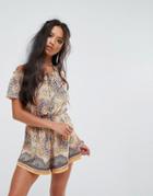 Sisters Of The Tribe Bardot Romper In Paisley Print - Yellow