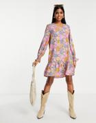 Jdy V-neck Tiered Hem Mini Dress In Pink Retro Floral-multi