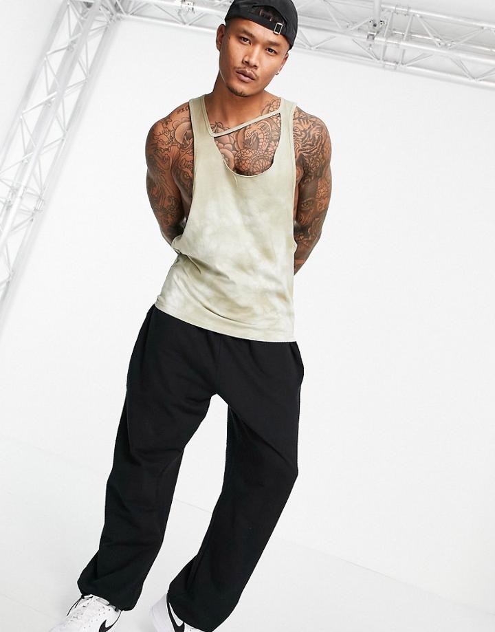 Asos Design Tank In Acid Wash With Slashed Neck-brown