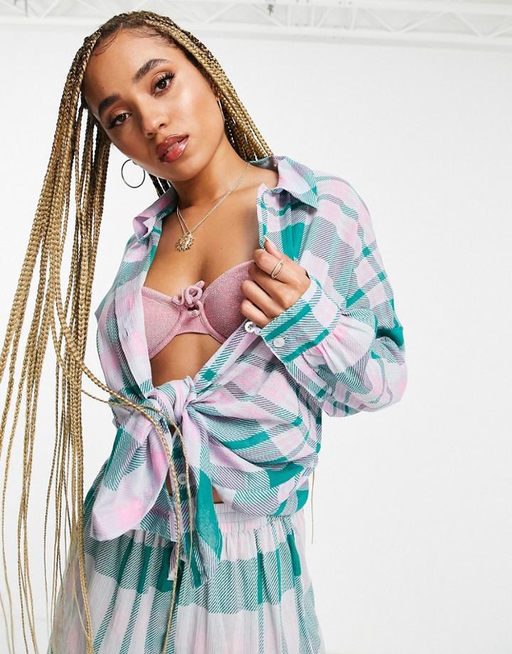 Asos Design Tie Front Beach Shirt In Gingham Check Print - Part Of A Set-multi