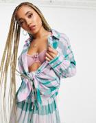Asos Design Tie Front Beach Shirt In Gingham Check Print - Part Of A Set-multi