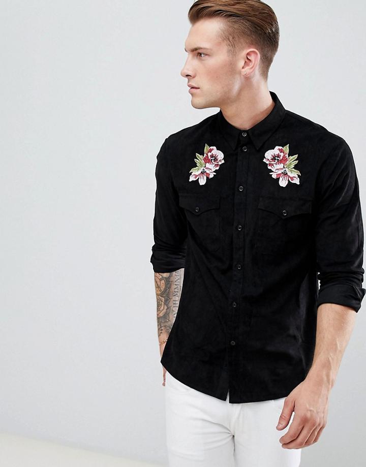 Boohooman Faux Suede Shirt With Floral Embroidery In Black - Black