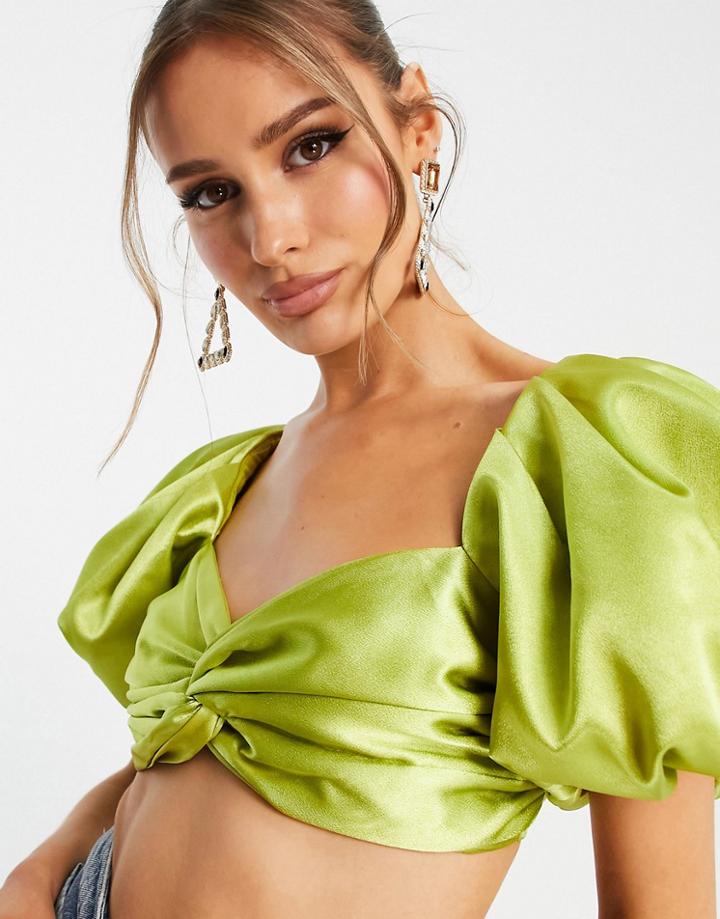 Yaura Twist Front Puff Sleeve Top Set In Lime Green