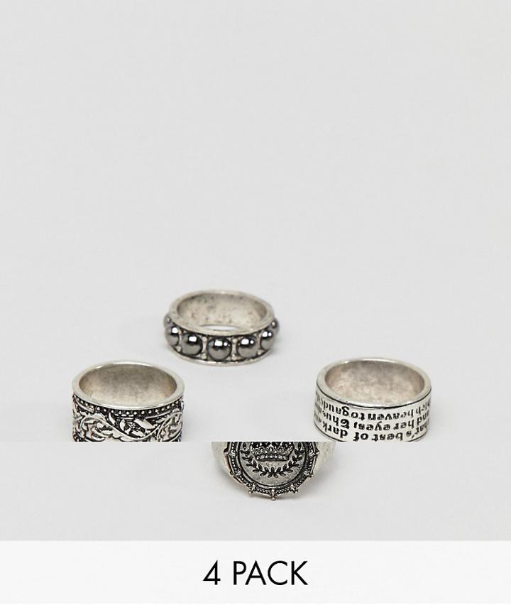 Asos Design Crown Ring Pack In Burnished Silver With Faux Pearls - Silver