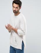Asos Oversized 3/4 Sleeve T-shirt With Raw Edge Kangaroo Pouch - Beige