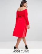 Asos Curve Wrap Back Off Shoulder Midi Dress With Long Sleeves - Red