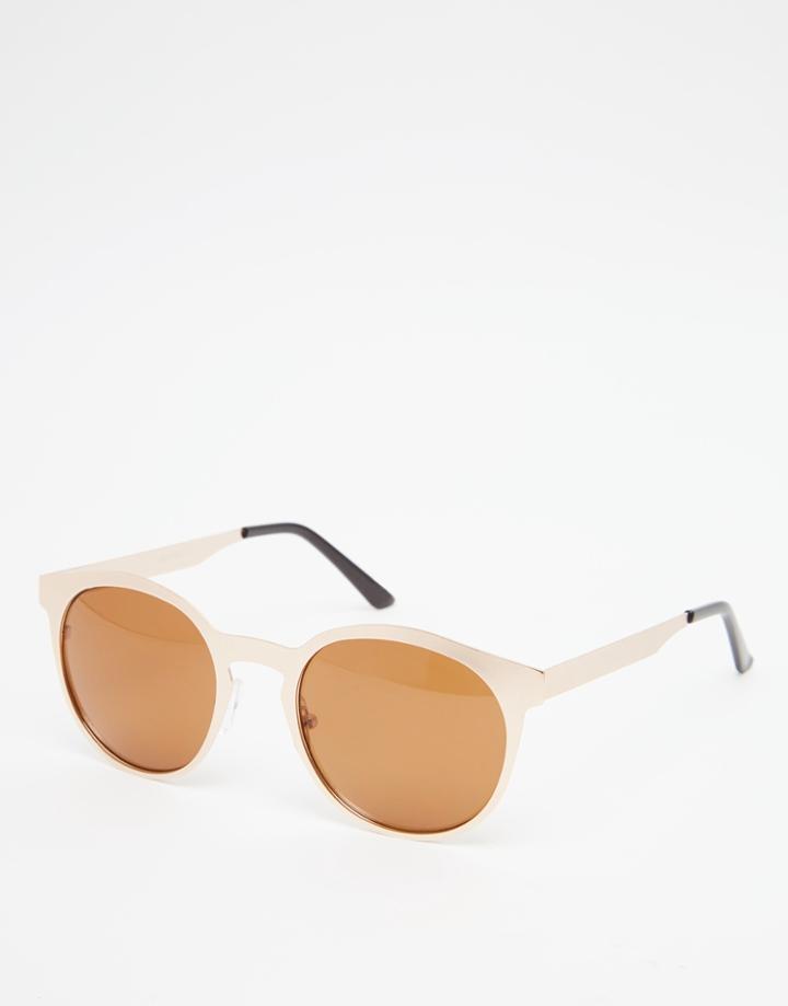 Asos Rounded Retro Sunglasses In Brushed Gold - Gold