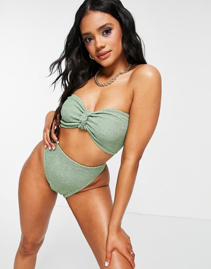 Asos Design Mix & Match Knot Bandeau Crinkle Bikini Top In Khaki-green