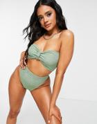 Asos Design Mix & Match Knot Bandeau Crinkle Bikini Top In Khaki-green