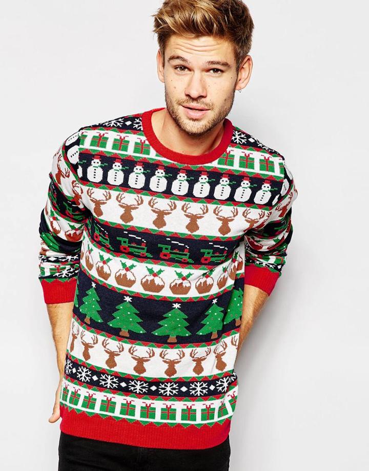 Asos Holidays Sweater With All Over Festive Pattern - Blue