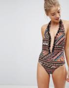 New Look Tribal Print Pompom Plunge Swimsuit - Multi