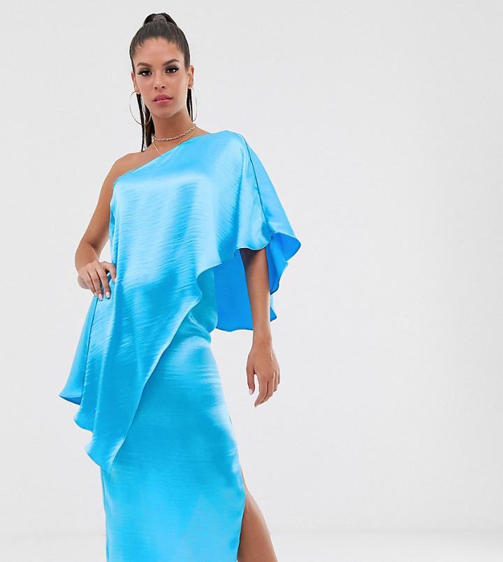 Asos Design Tall Satin One Shoulder Midi Dress With Double Layer-blue