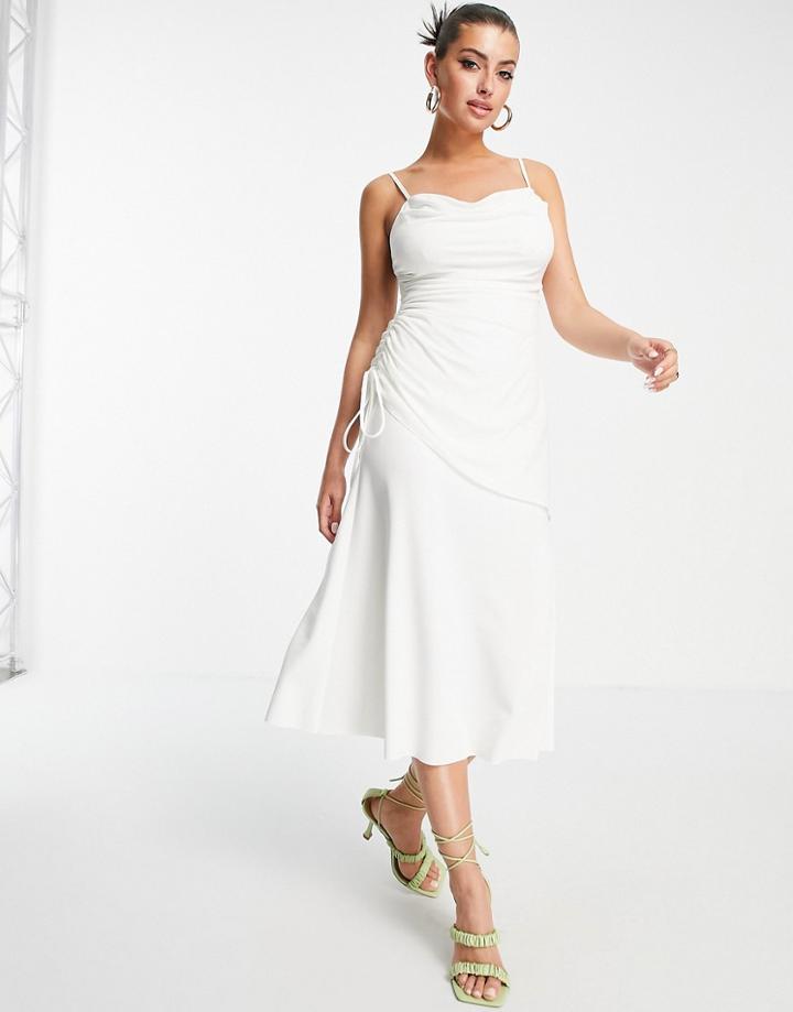 Asos Design Cami Cowl Linen Mix Asymmetric Ruched Maxi Dress In Ivory-white