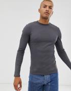 Asos Design Muscle Fit Long Sleeve T-shirt In Rib In Washed Black-gray