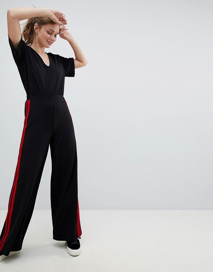 Bershka Side Stripe Jumpsuit In Black - Black