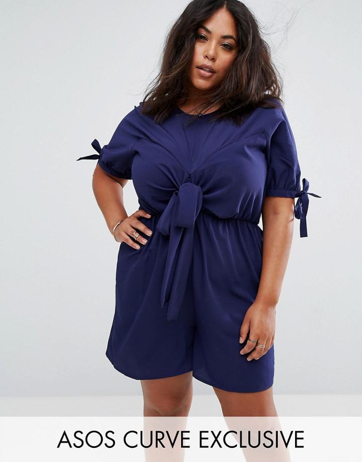Asos Curve Smock Romper With Tie Front - Navy