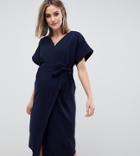 Asos Design Maternity Wrap Midi Dress-navy