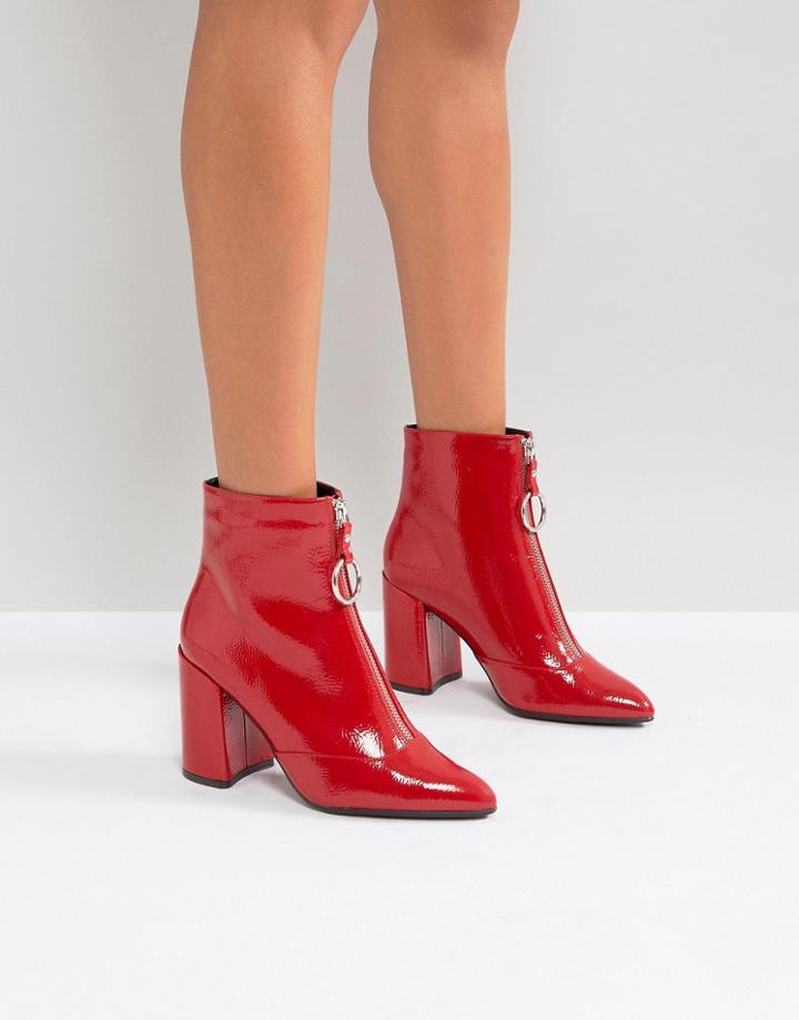 Miss Selfridge Patent Zip Front Ankle Boot - Red