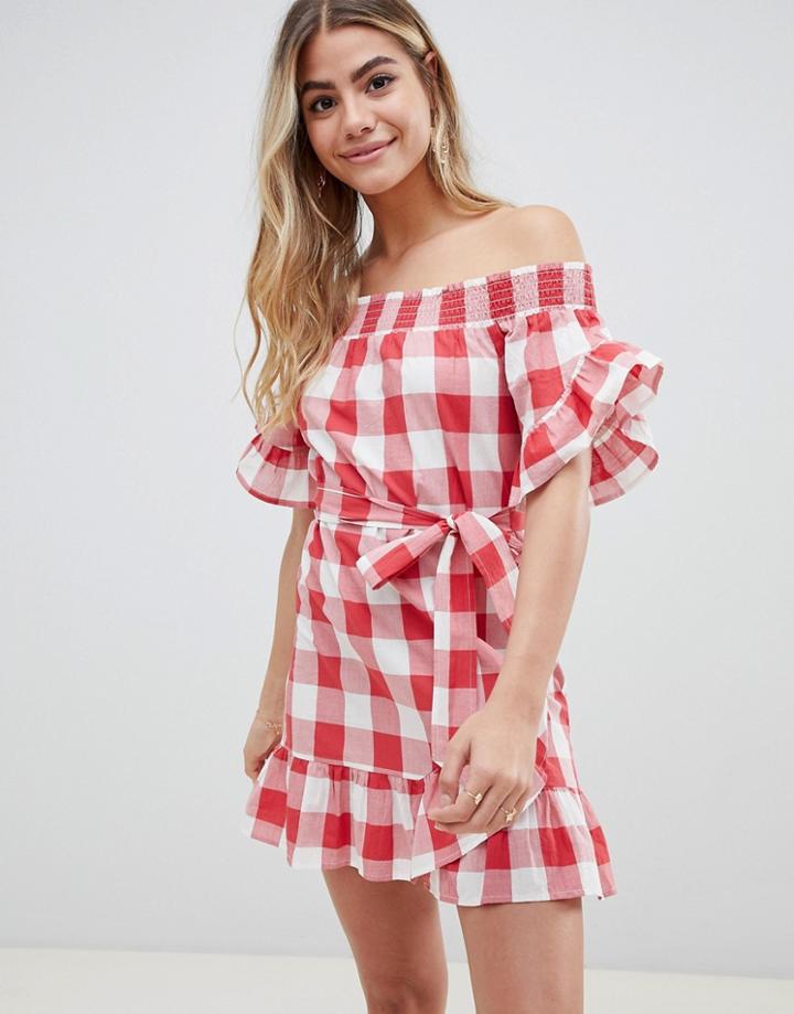 Asos Design Off Shoulder Frill Detail Beach Dress In Red Gingham