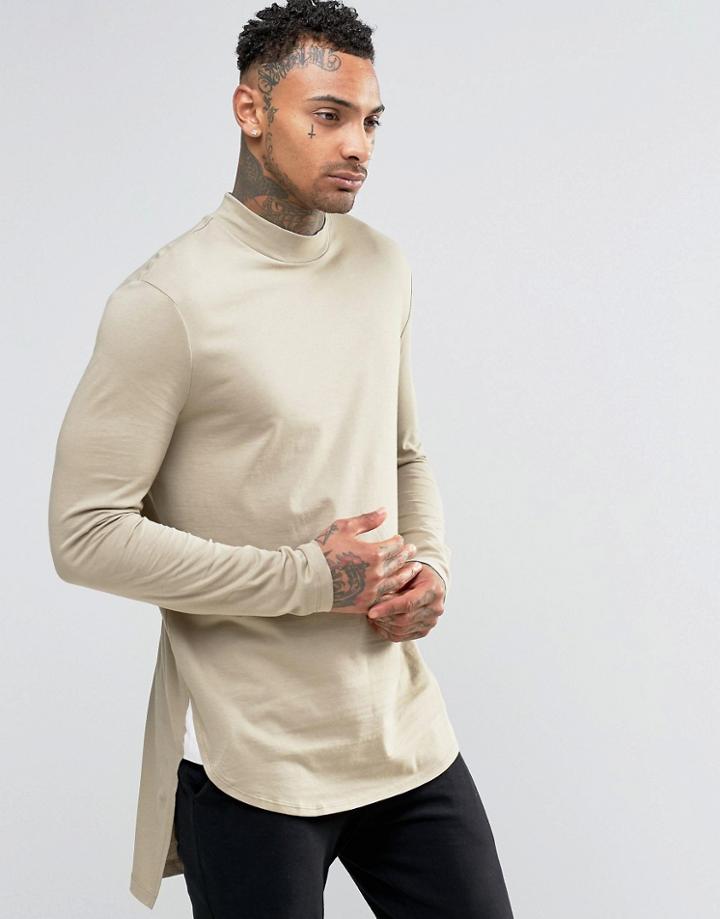 Asos Super Longline Long Sleeve T-shirt With Hem Detail And Turtleneck - Beige