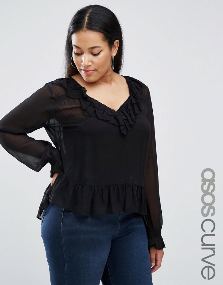 Asos Curve Raw Edge Ruffle Blouse - Black