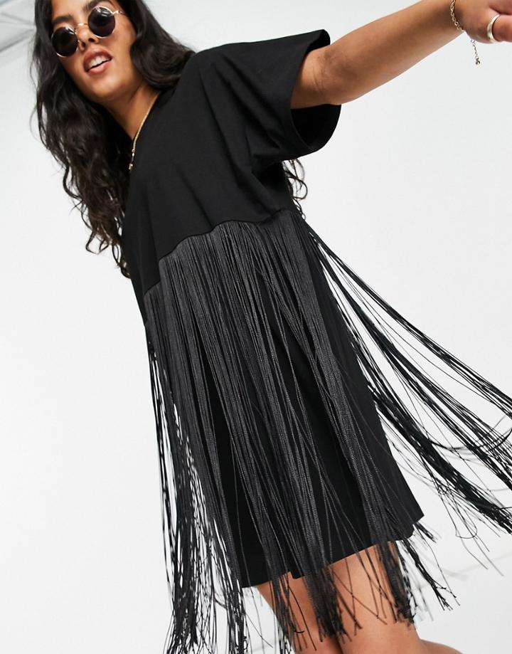 Asos Design Mini T-shirt Dress With Fringing In Black