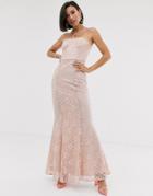 Asos Design Foil Lace Bandeau Maxi Dress-pink